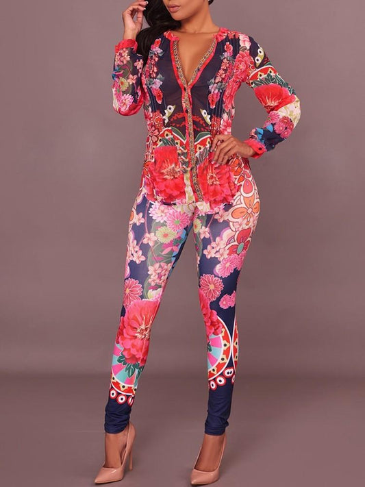 Sexy V Neck Print Skinny Pantsuit - DadHats2ow6ix