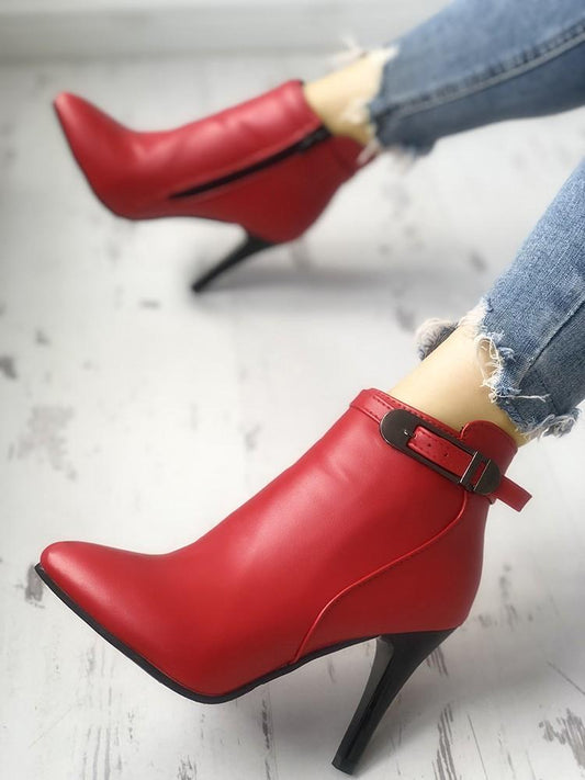 Solid Pointed Toe Buckled Thin Heeled Boots - DadHats2ow6ix