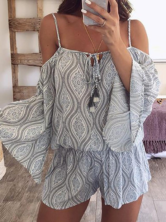 Ethnic Print Cold Shoulder Flared Sleeve Rompers - DadHats2ow6ix