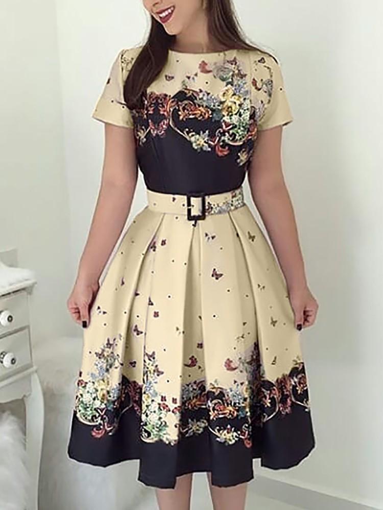 Butterfly Print Short Sleeve Belted Pleated Dress - DadHats2ow6ix