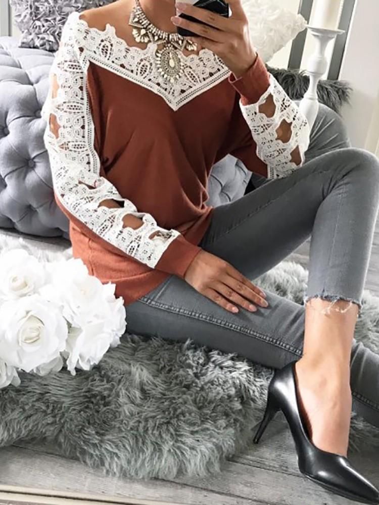 Splicing Hollow Lace Crochet Casual Sweater - DadHats2ow6ix