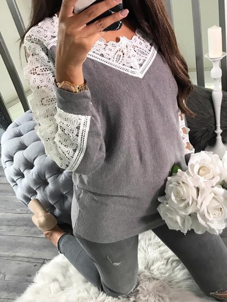 Splicing Hollow Lace Crochet Casual Sweater - DadHats2ow6ix