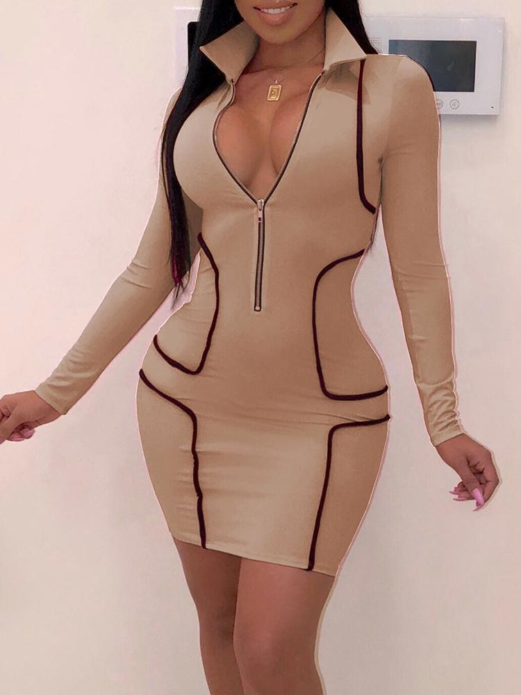 Contrast Binding Zipper Design Bodycon Dress - DadHats2ow6ix