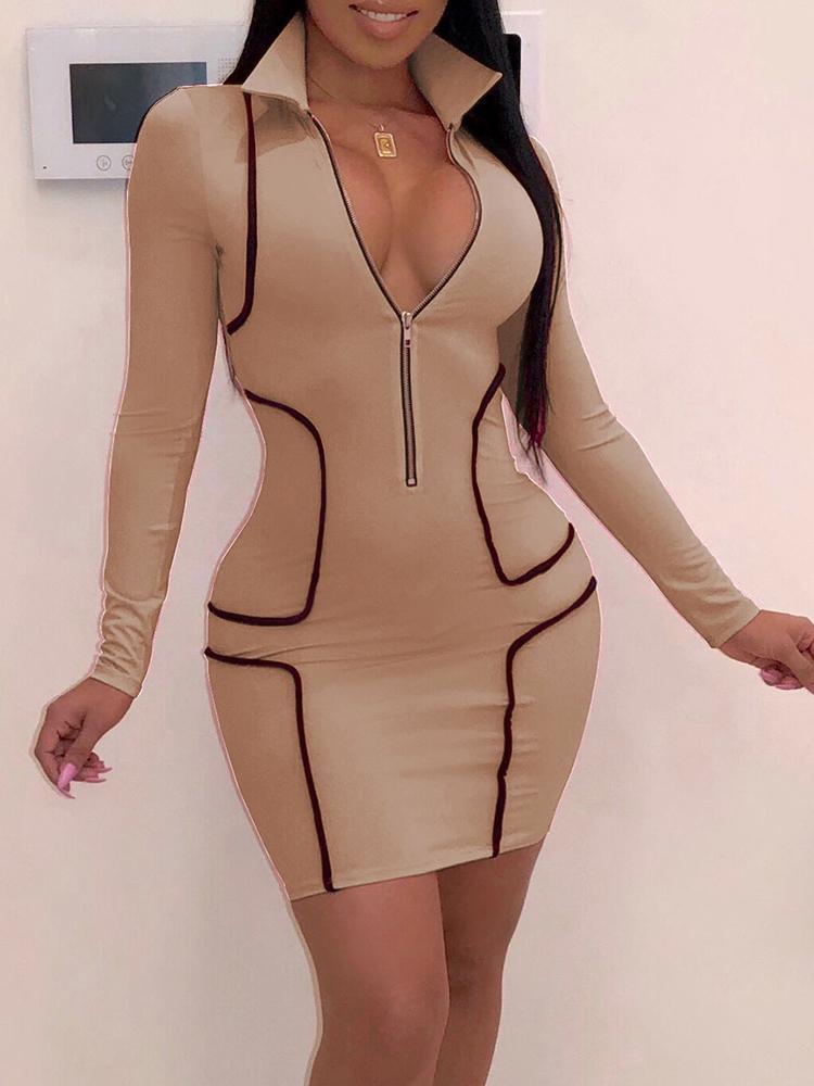 Contrast Binding Zipper Design Bodycon Dress - DadHats2ow6ix