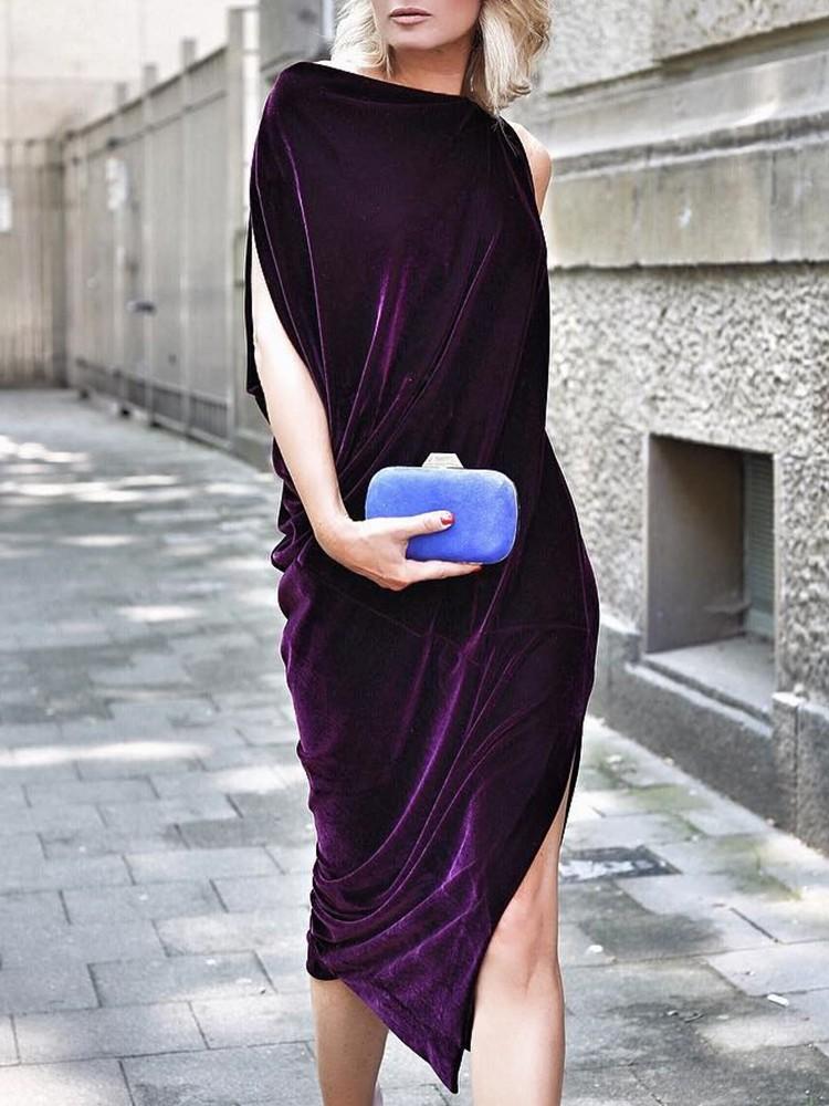 Velvet One Shoulder Side Slit Dress - DadHats2ow6ix