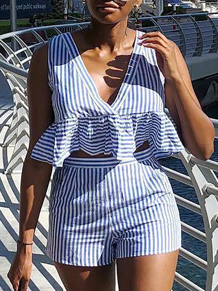 V-Neck Striped Ruffle Top & Shorts Sets - DadHats2ow6ix