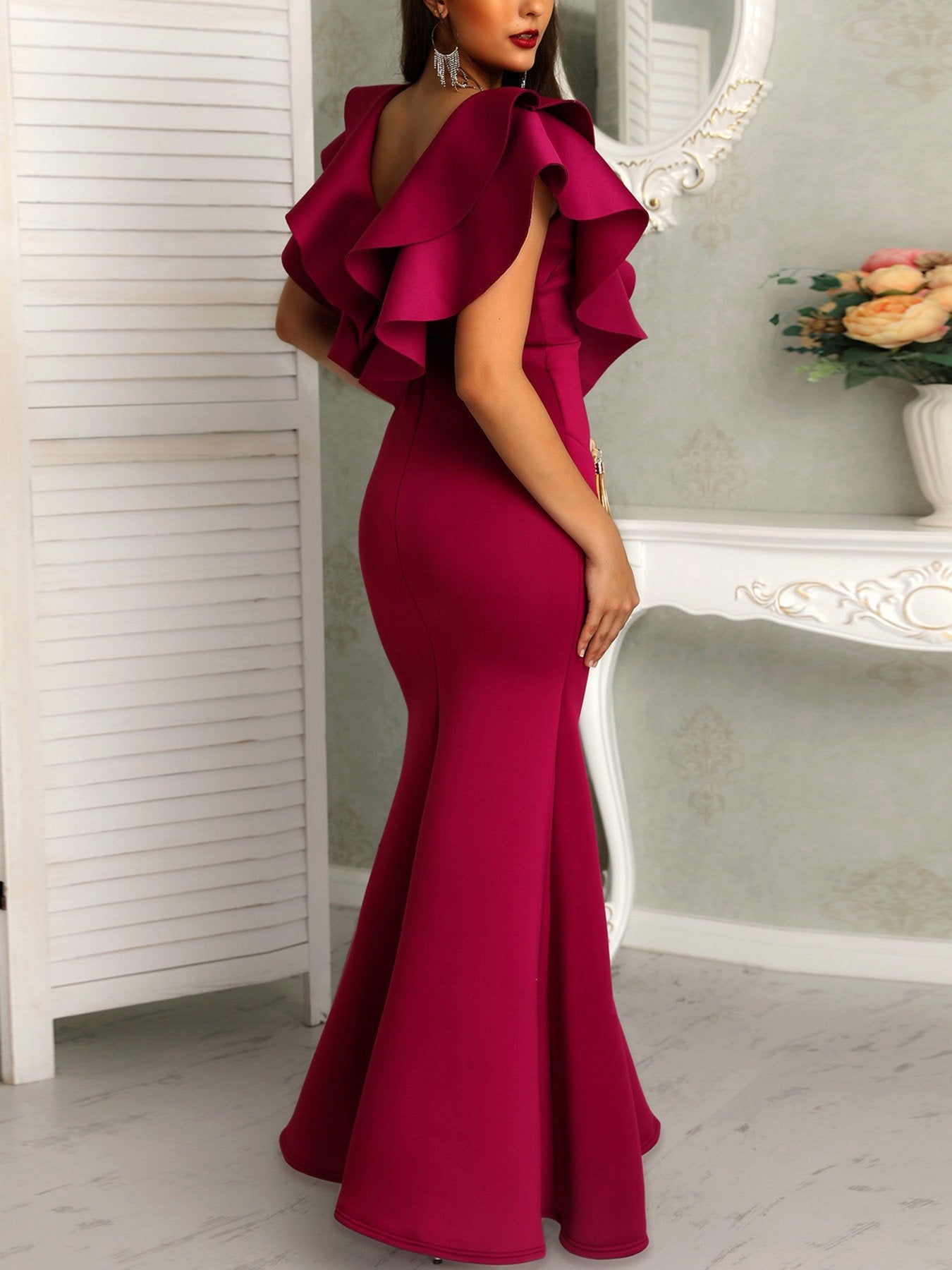 Deep V Layered Ruffles Fishtail Evening Dress - DadHats2ow6ix