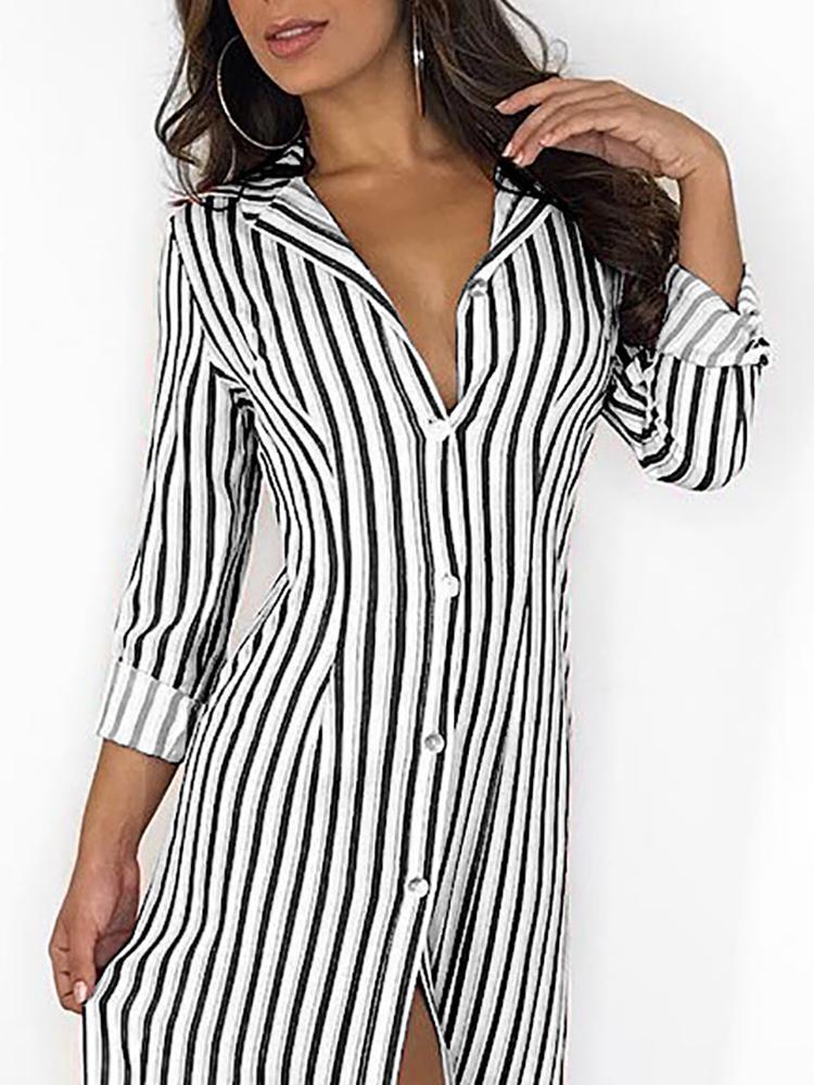 Stripes Long Sleeve Button Up Slit Maxi Shirt Dress - DadHats2ow6ix