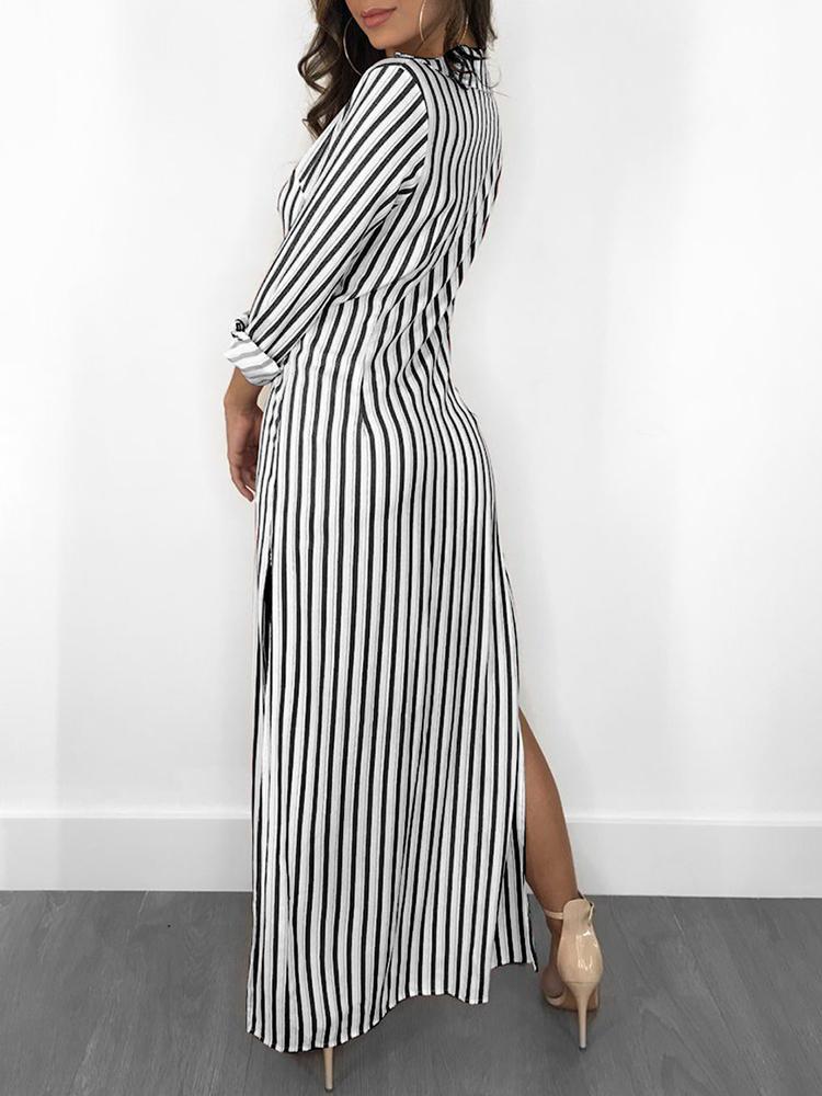 Stripes Long Sleeve Button Up Slit Maxi Shirt Dress - DadHats2ow6ix