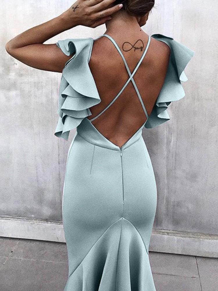 Solid Ruffles Backless Fishtail Maxi Dress - DadHats2ow6ix