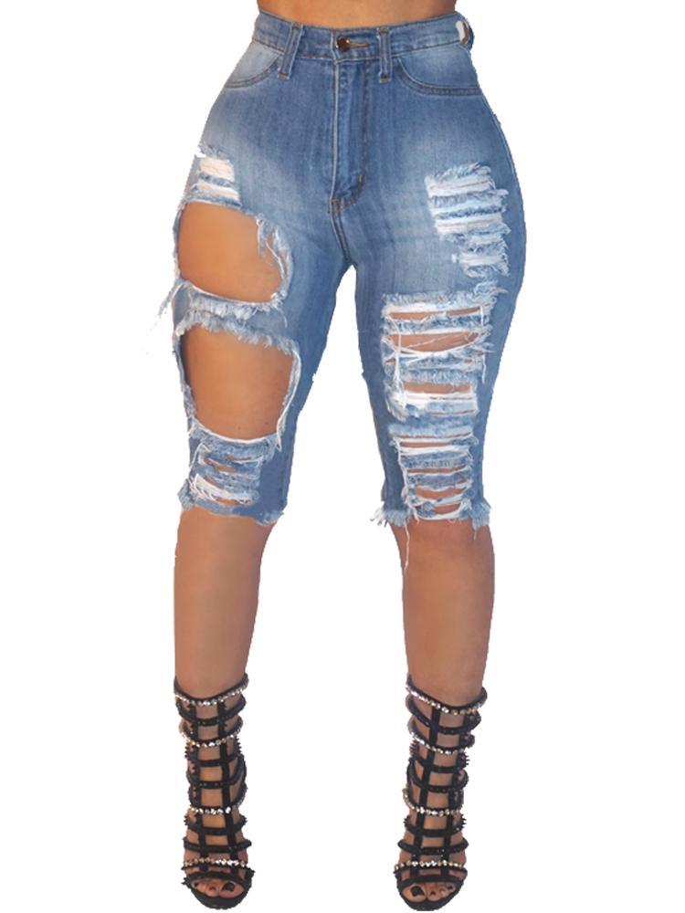 Fashion Women Raw Cut Holey Short Denim Jeans - DadHats2ow6ix