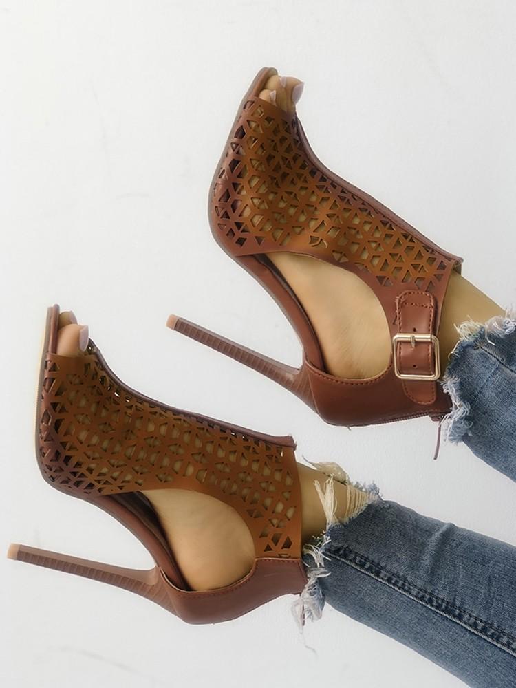 Solid Hollow Out Buckle Thin Heeled Sandals - DadHats2ow6ix