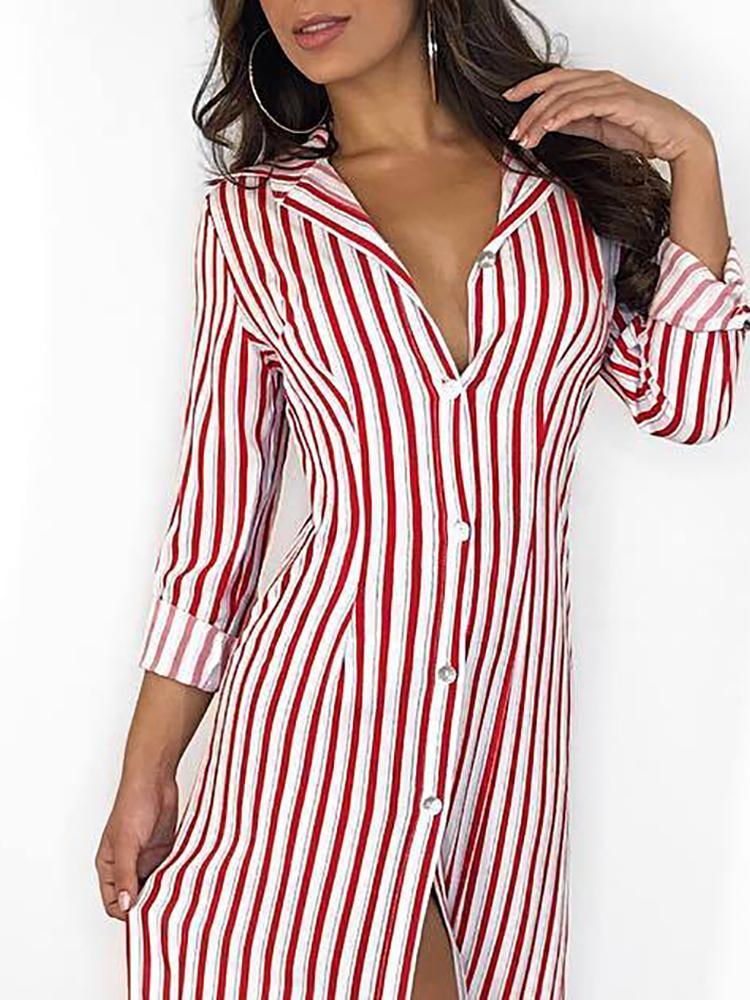 Stripes Long Sleeve Button Up Slit Maxi Shirt Dress - DadHats2ow6ix