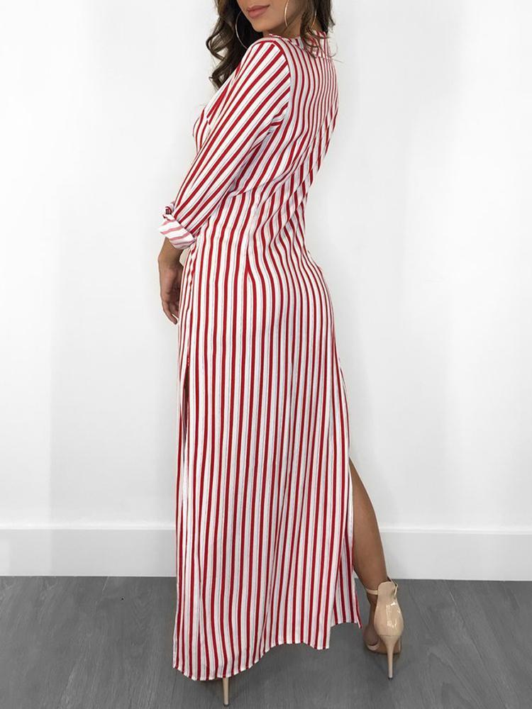 Stripes Long Sleeve Button Up Slit Maxi Shirt Dress - DadHats2ow6ix