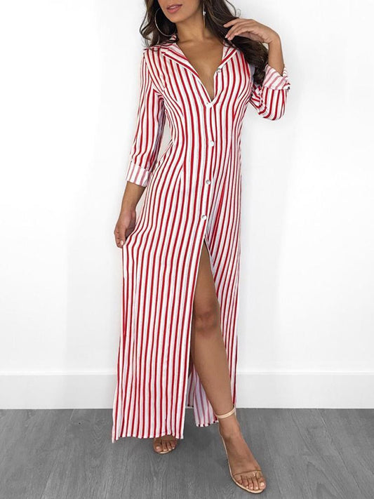 Stripes Long Sleeve Button Up Slit Maxi Shirt Dress - DadHats2ow6ix