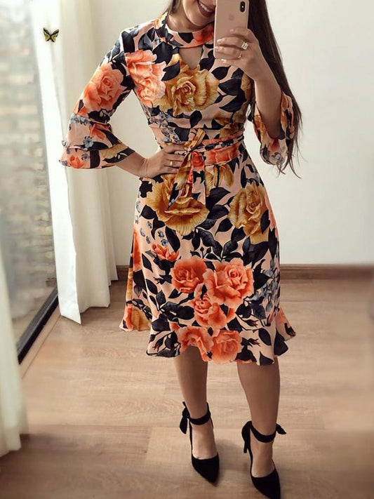 Floral Print Cutout Ruffles Flared Sleeve Casual Dress - DadHats2ow6ix