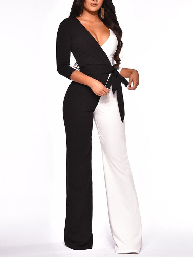 Two Tone Tied Waist Wrap Jumpsuits - DadHats2ow6ix