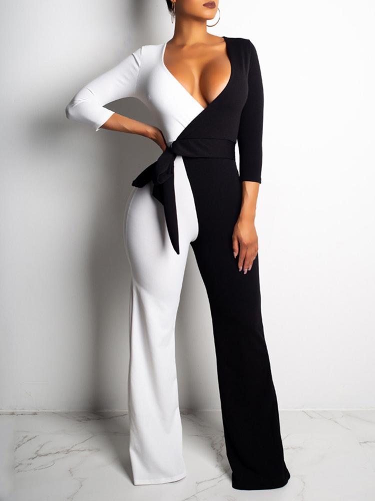 Two Tone Tied Waist Wrap Jumpsuits - DadHats2ow6ix