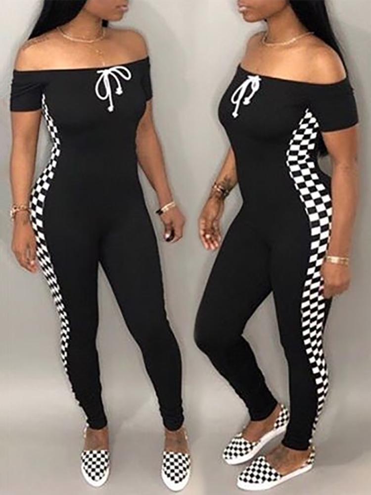 Checkerboard Print Side Drawstring Bardot Jumpsuit - DadHats2ow6ix