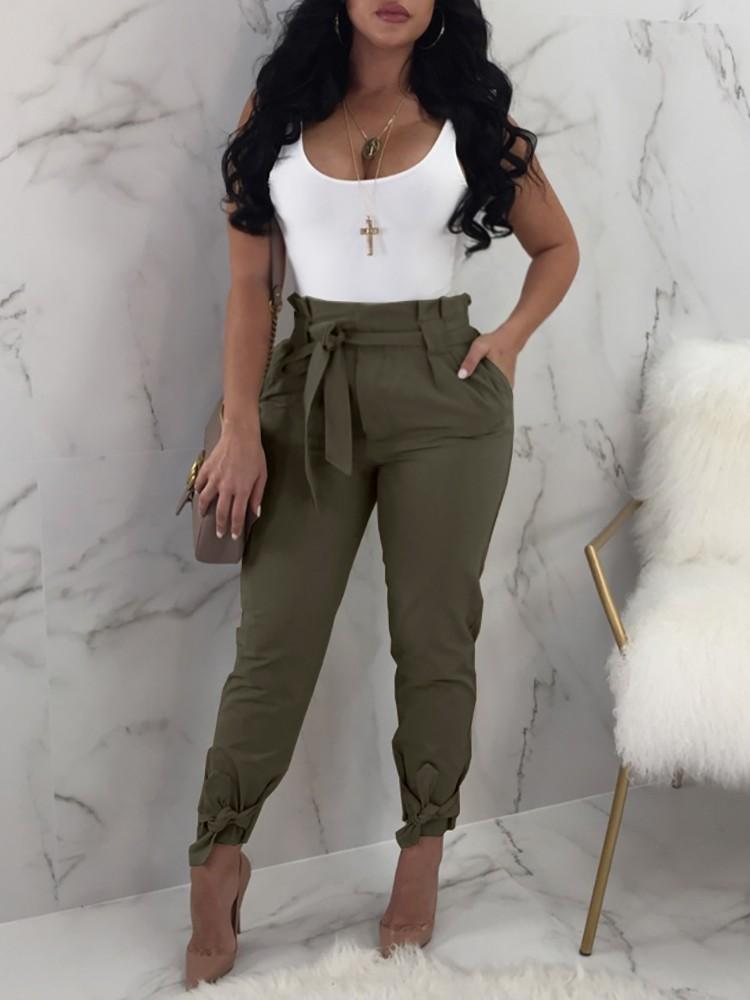 Stylish Solid Frill Waist Belted Tied Ankle Casual Pants - DadHats2ow6ix