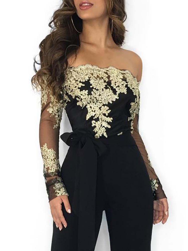 Flower Embroidery Off Shoulder Wide Leg Jumpsuit - DadHats2ow6ix