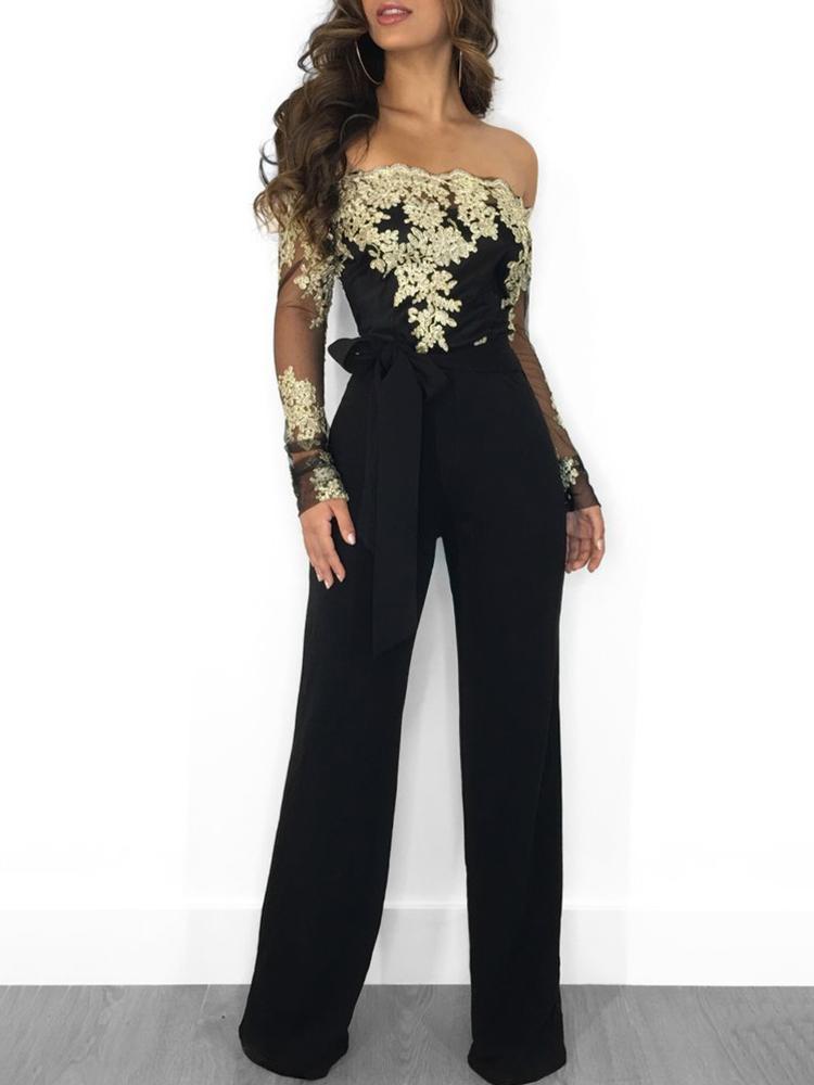 Flower Embroidery Off Shoulder Wide Leg Jumpsuit - DadHats2ow6ix