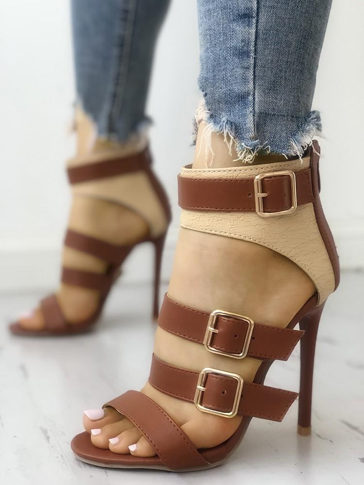 Contrast Color Ladder Buckle Stiletto Heels - DadHats2ow6ix