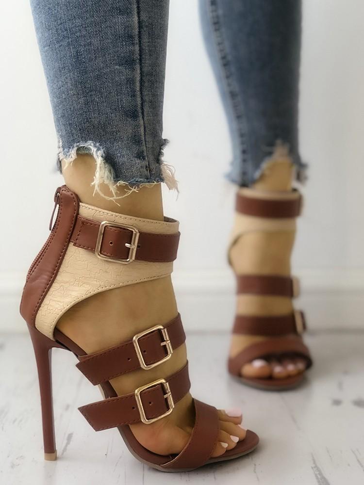 Contrast Color Ladder Buckle Stiletto Heels - DadHats2ow6ix