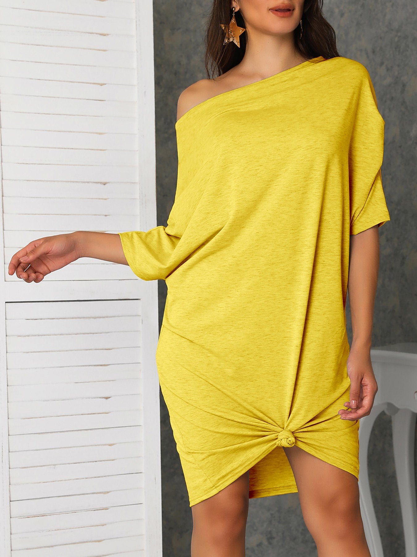 Batwing Sleeve Knotted Solid Loose Dress - DadHats2ow6ix