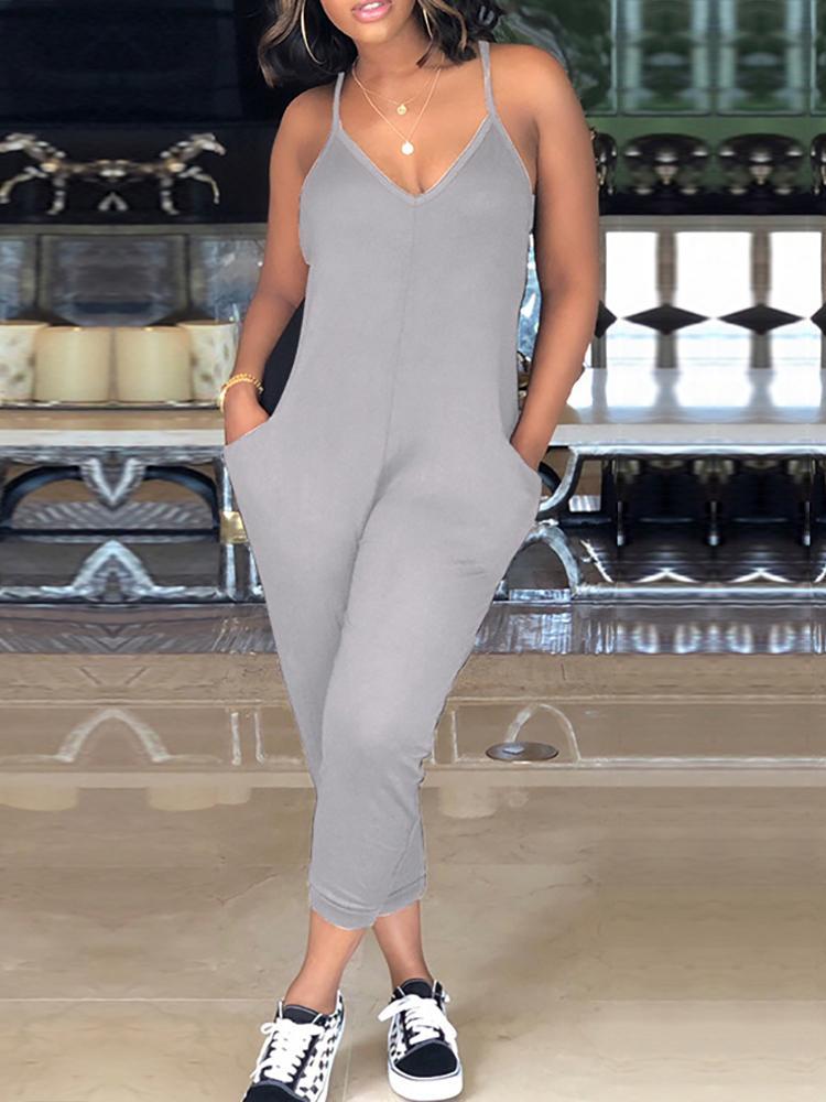 Solid Racer-Back Loose Slip Casual Jumpsuit - DadHats2ow6ix