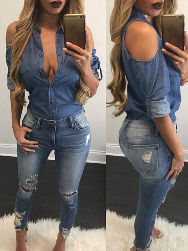 Cold Shoulder Roll-up Sleeve Cocktail Party Denim Blouse - DadHats2ow6ix