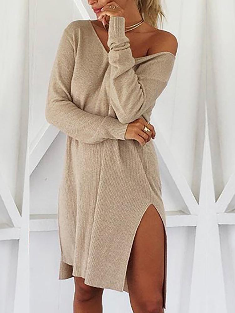 Solid Skew Neck Long Sleeve Slit Irregular Dress - DadHats2ow6ix