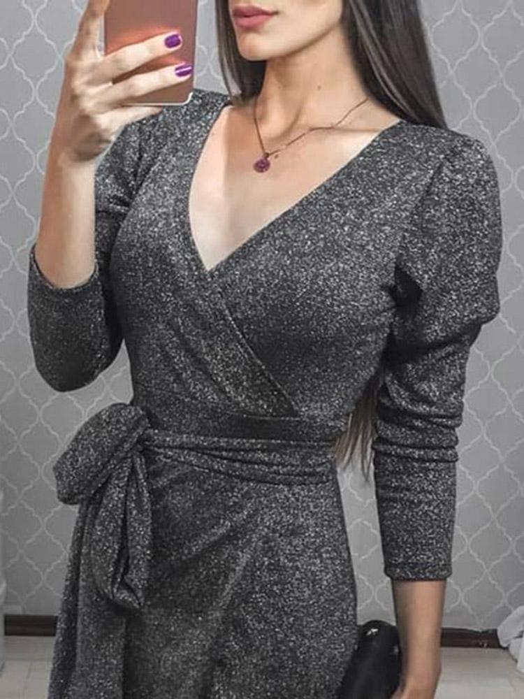 Shiny Sequins Tied Waist Wrap Bodycon Dress - DadHats2ow6ix