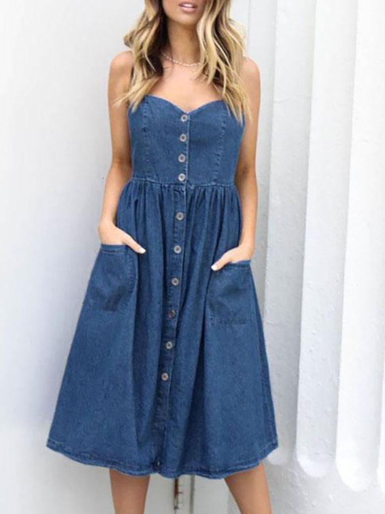 Denim Button Design Pocket Design Dress - DadHats2ow6ix