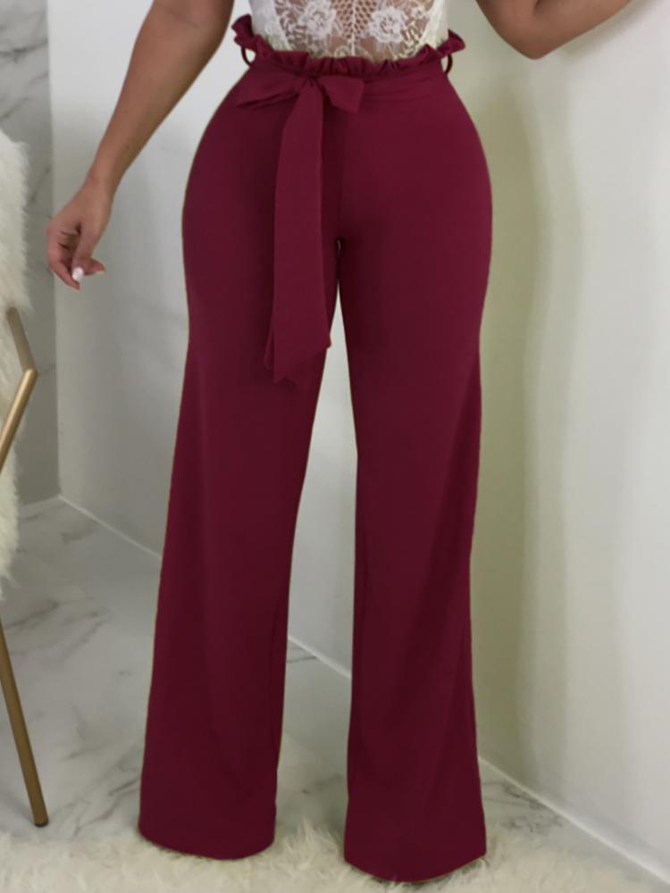 Solid Frills Belted Wide Leg Pants - DadHats2ow6ix