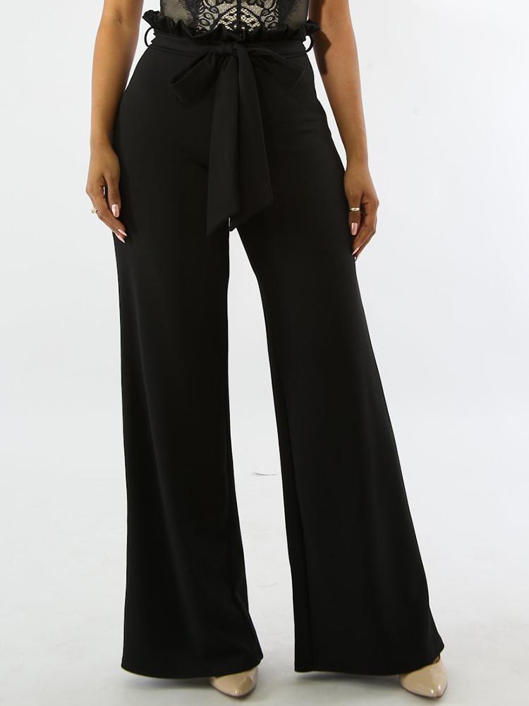 Solid Frills Belted Wide Leg Pants - DadHats2ow6ix