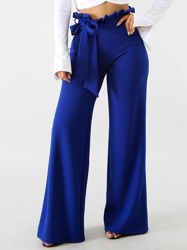 Solid Frills Belted Wide Leg Pants - DadHats2ow6ix