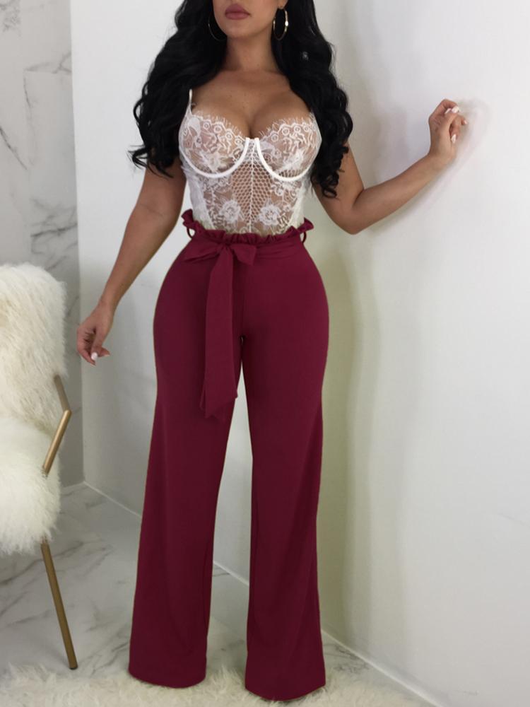 Solid Frills Belted Wide Leg Pants - DadHats2ow6ix