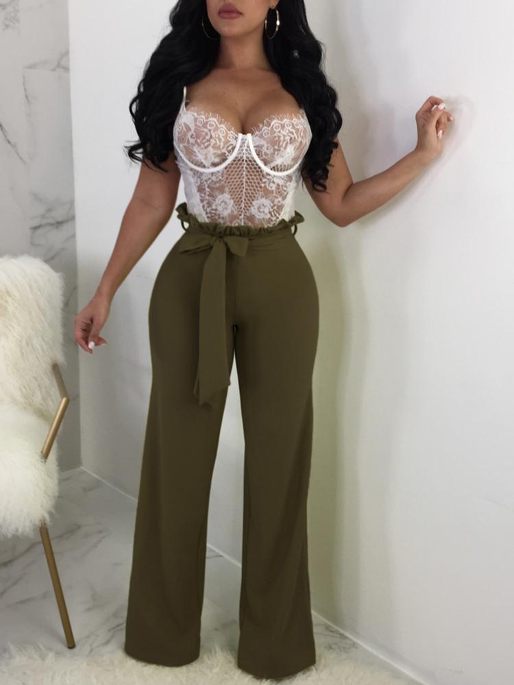 Solid Frills Belted Wide Leg Pants - DadHats2ow6ix