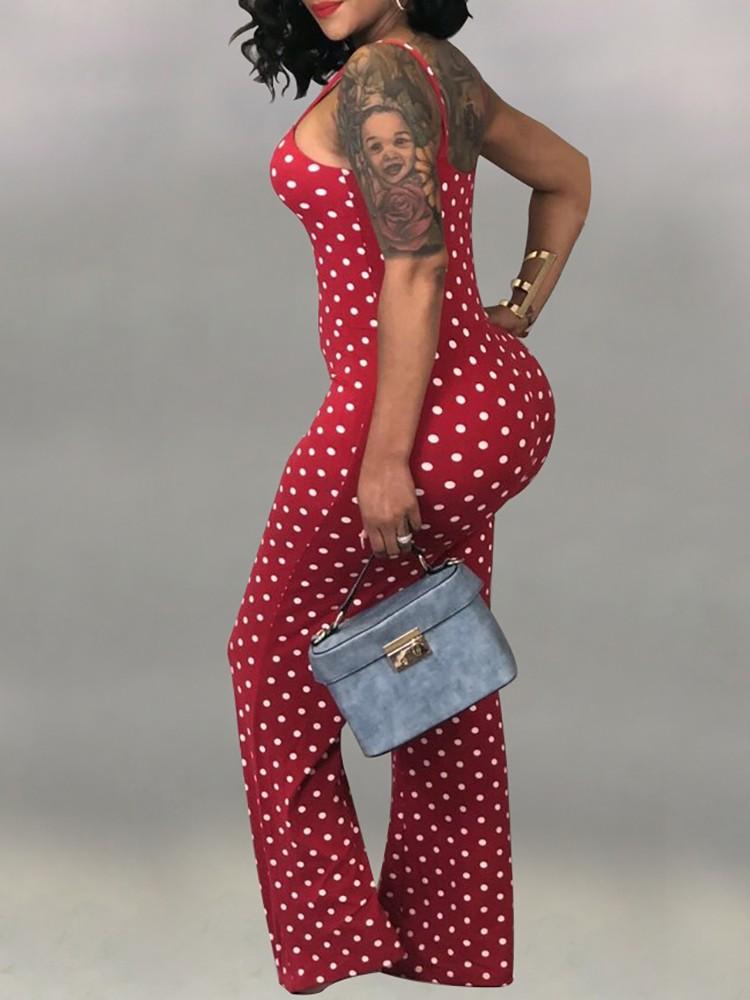 Dots Print Spaghetti Strap Flared Jumpsuit - DadHats2ow6ix