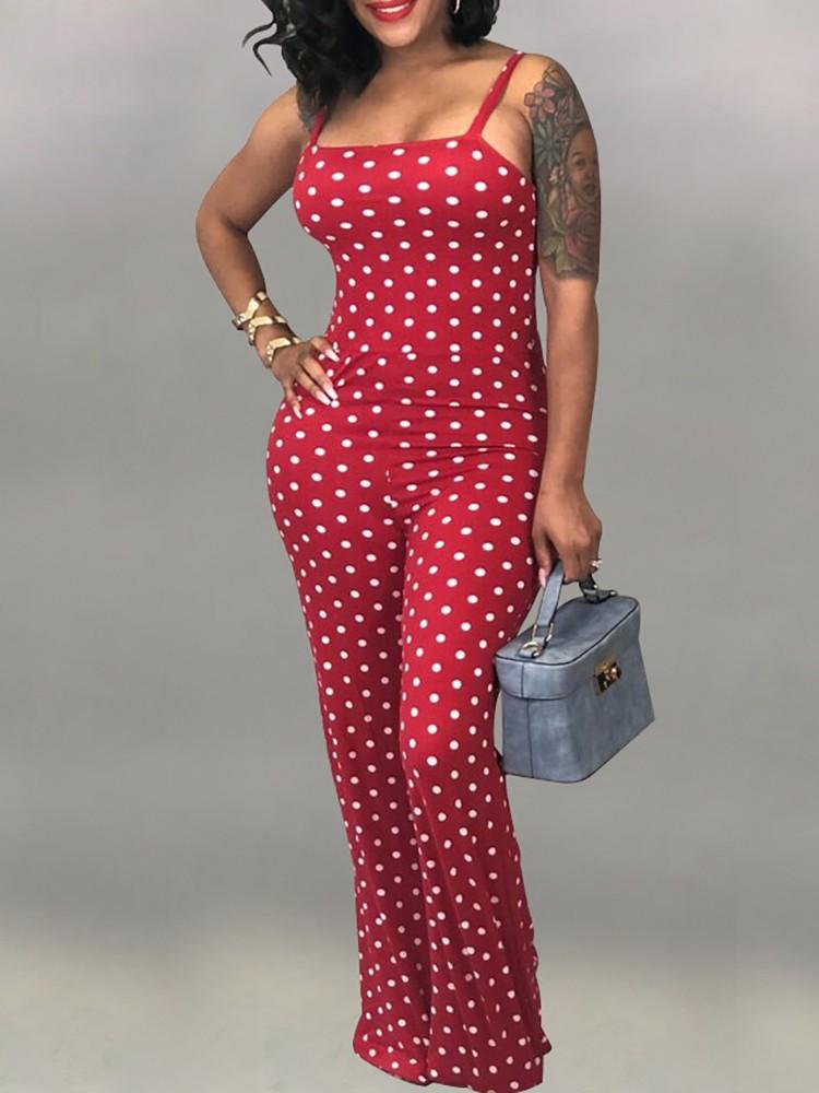 Dots Print Spaghetti Strap Flared Jumpsuit - DadHats2ow6ix