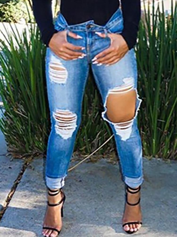 Denim Holey Fringes Distressed Pencil Pants - DadHats2ow6ix