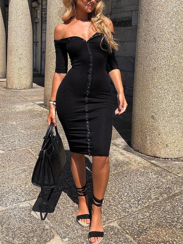 Solid Off Shoulder Button Embellished Bodycon Dress - DadHats2ow6ix