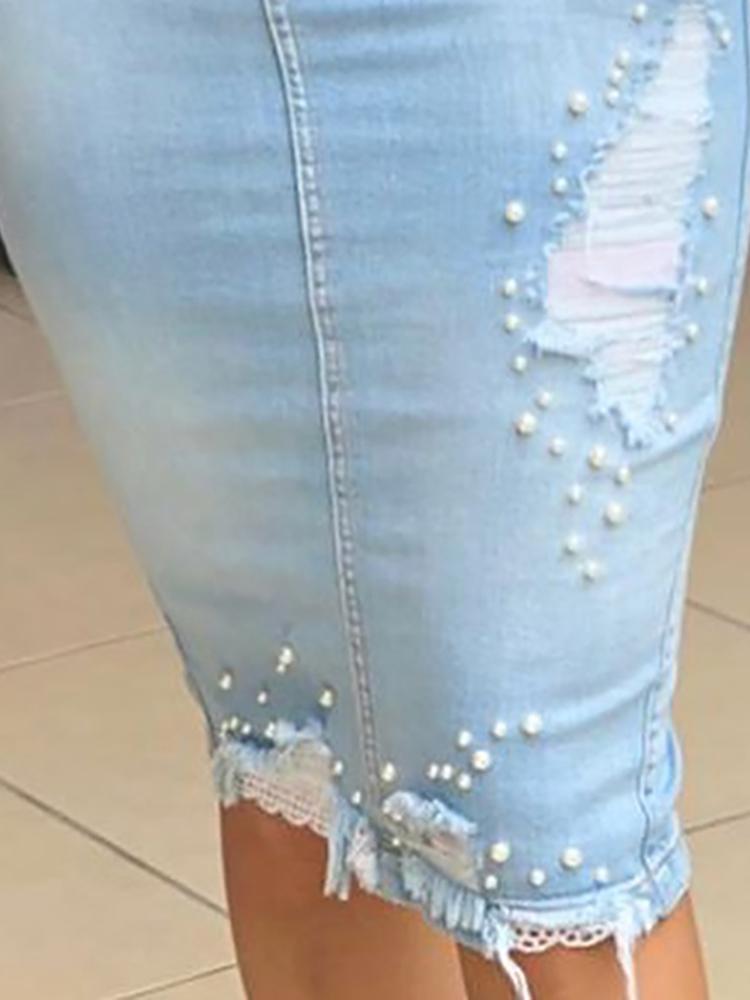 Denim Bead Embellished Distressed Slinky Skirt - DadHats2ow6ix