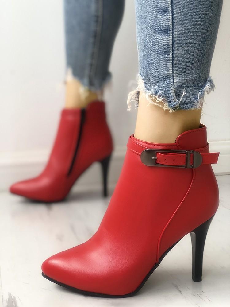 Solid Pointed Toe Buckled Thin Heeled Boots - DadHats2ow6ix