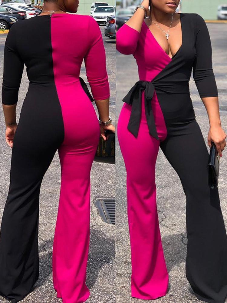 Two Tone Tied Waist Wrap Jumpsuits - DadHats2ow6ix