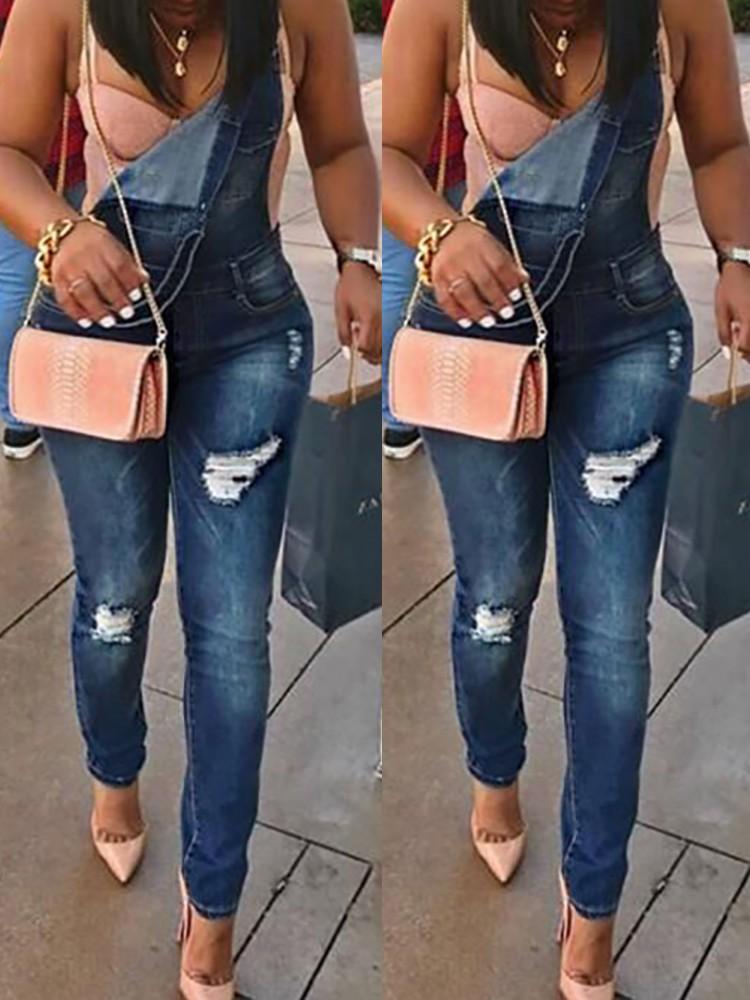 Women Fashion Ripped Suspender Denim Jeans - DadHats2ow6ix