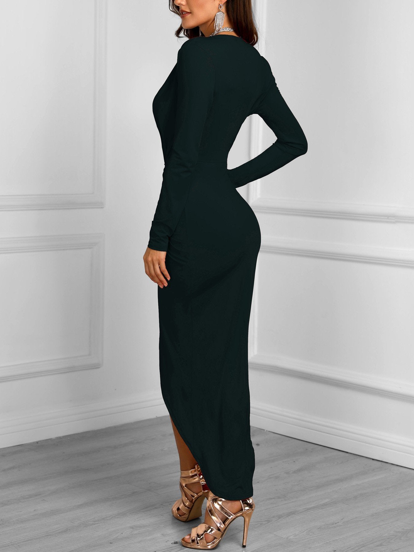 Solid Long Sleeve Ruched Slit Irregular Dress - DadHats2ow6ix