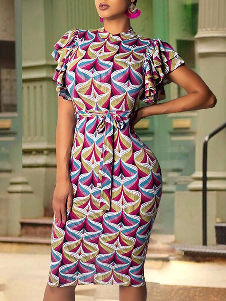 Abstract Geo Print Flutter Sleeve Midi Dress - DadHats2ow6ix