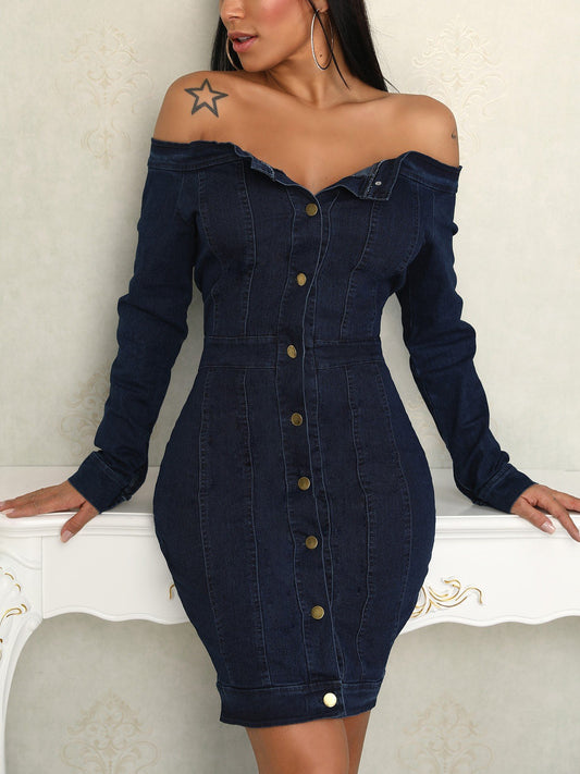 Button Up Off Shoulder Denim Bodycon Dress - DadHats2ow6ix